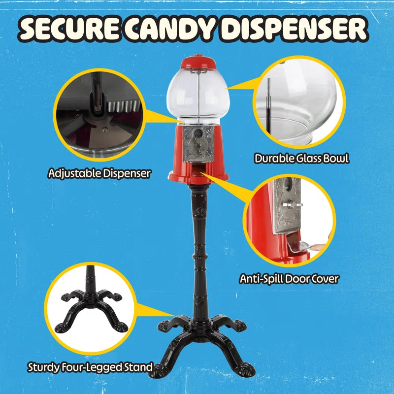 🍬 15" Vintage Bubble Gum Machine with Stand – Glass Globe Candy Dispenser & Metal Base (Red)