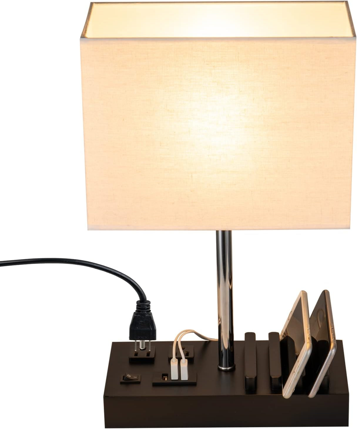 Modern Desk Lamp with USB Charging & AC Outlets – Nightstand Light with Black Shade and Wooden Phone Holder