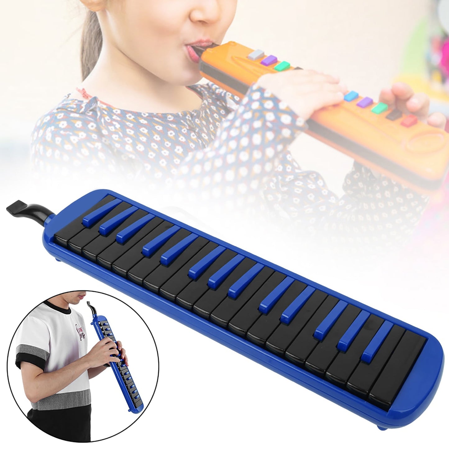 Blue 32-Key Melodica – A Fun Wind-Powered Keyboard for Budding Musicians + Portable Bag