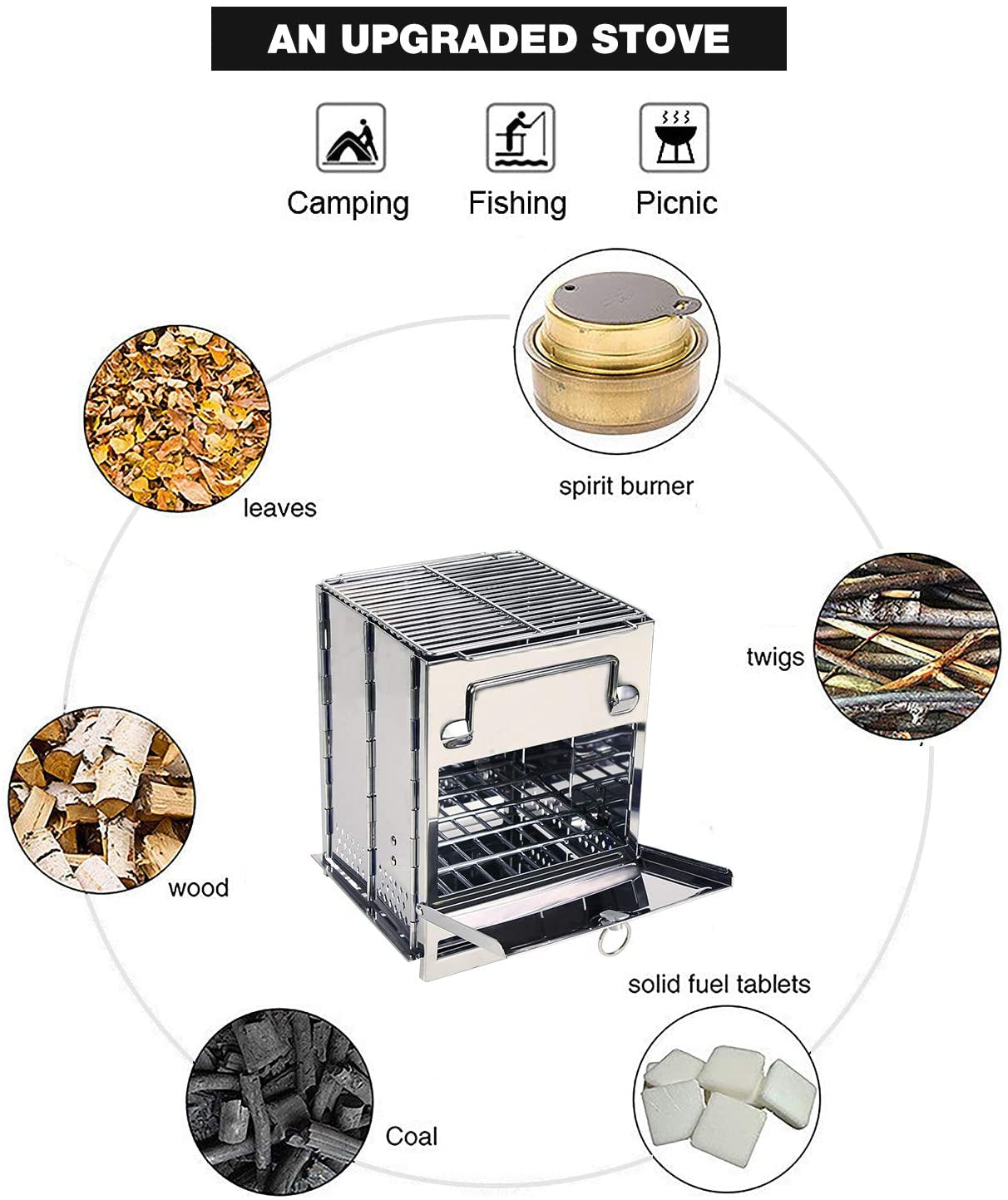 Large Folding Wood Burning Stove – Portable Stainless Steel Rocket Grill for Tent Camping, Picnic, Hiking & Survival Gear