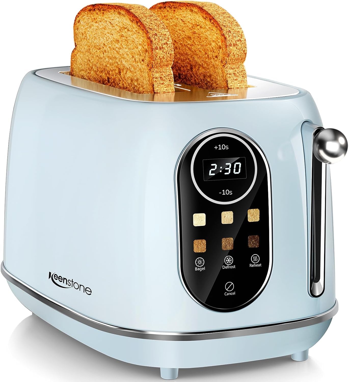 - Compact 2-Slice Toaster – Stainless Steel Housing, Bagel/Defrost/Cancel Functions & Removable Crumb Tray