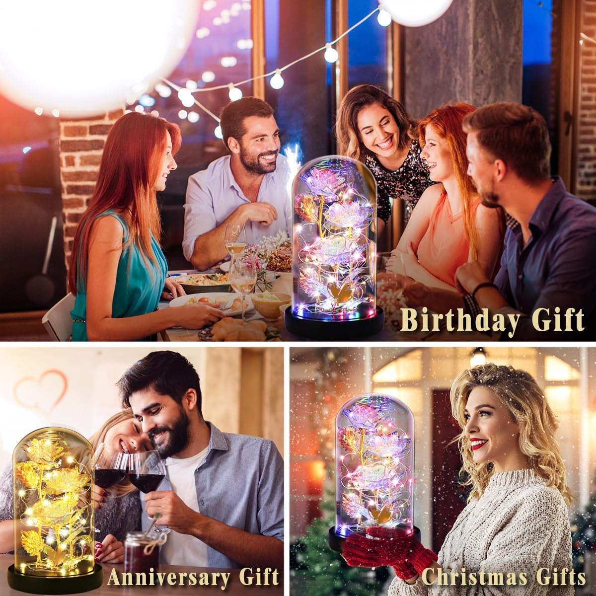 🌹 Galaxy Rose in Glass Dome – Light-Up Rainbow Flower Gift for Her, Birthday & Valentine’s Day