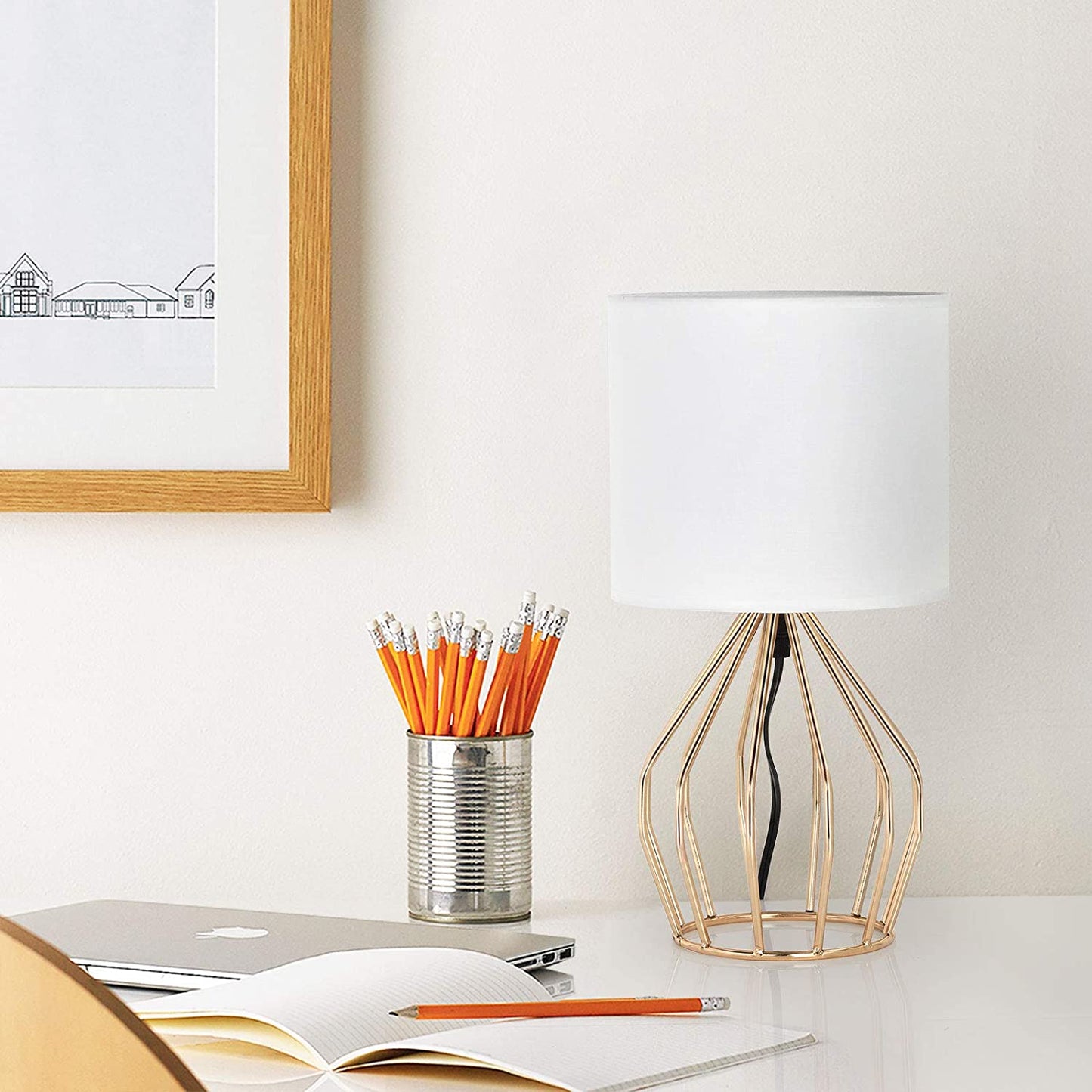 ✨ Gold Table Lamp – Modern Desk Lamp with Linen Shade & Open Base for Bedroom or Living Room
