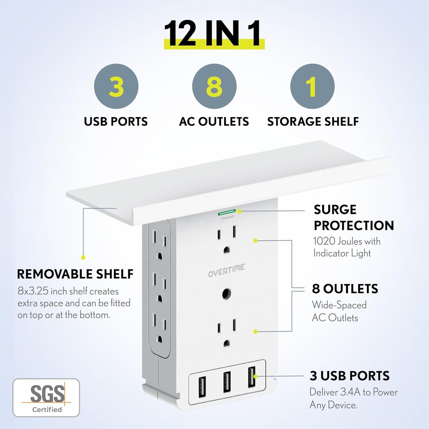 Outlet Extender with Detachable Shelf – 8 AC Ports, 3 USB, Surge Protection & Space-Saving Design