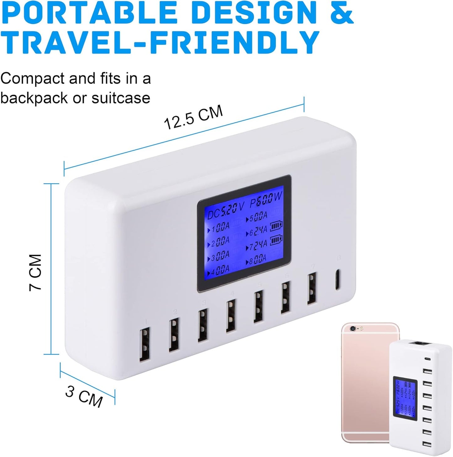 USB Charger, 60W 12A 8-Port USB Charging Station Multi Port USB Hub Charger