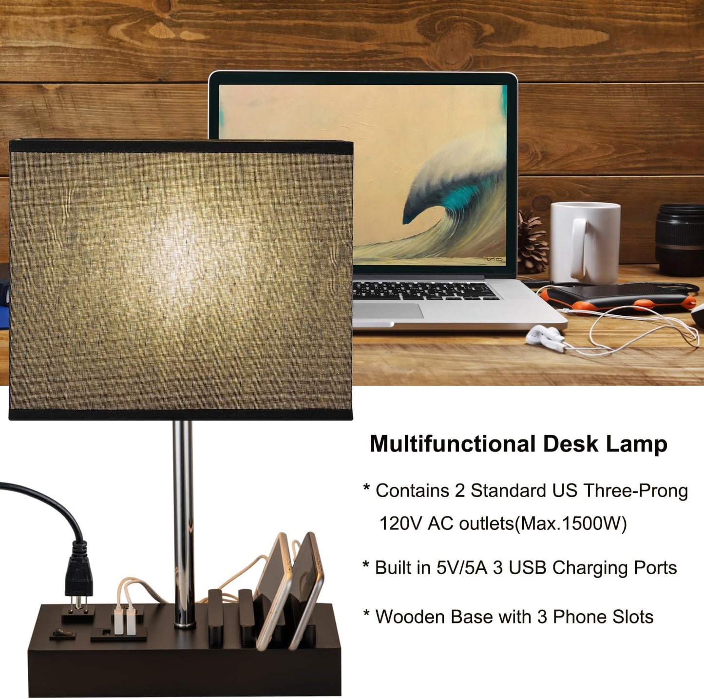 Modern Desk Lamp with USB Charging & AC Outlets – Nightstand Light with Black Shade and Wooden Phone Holder