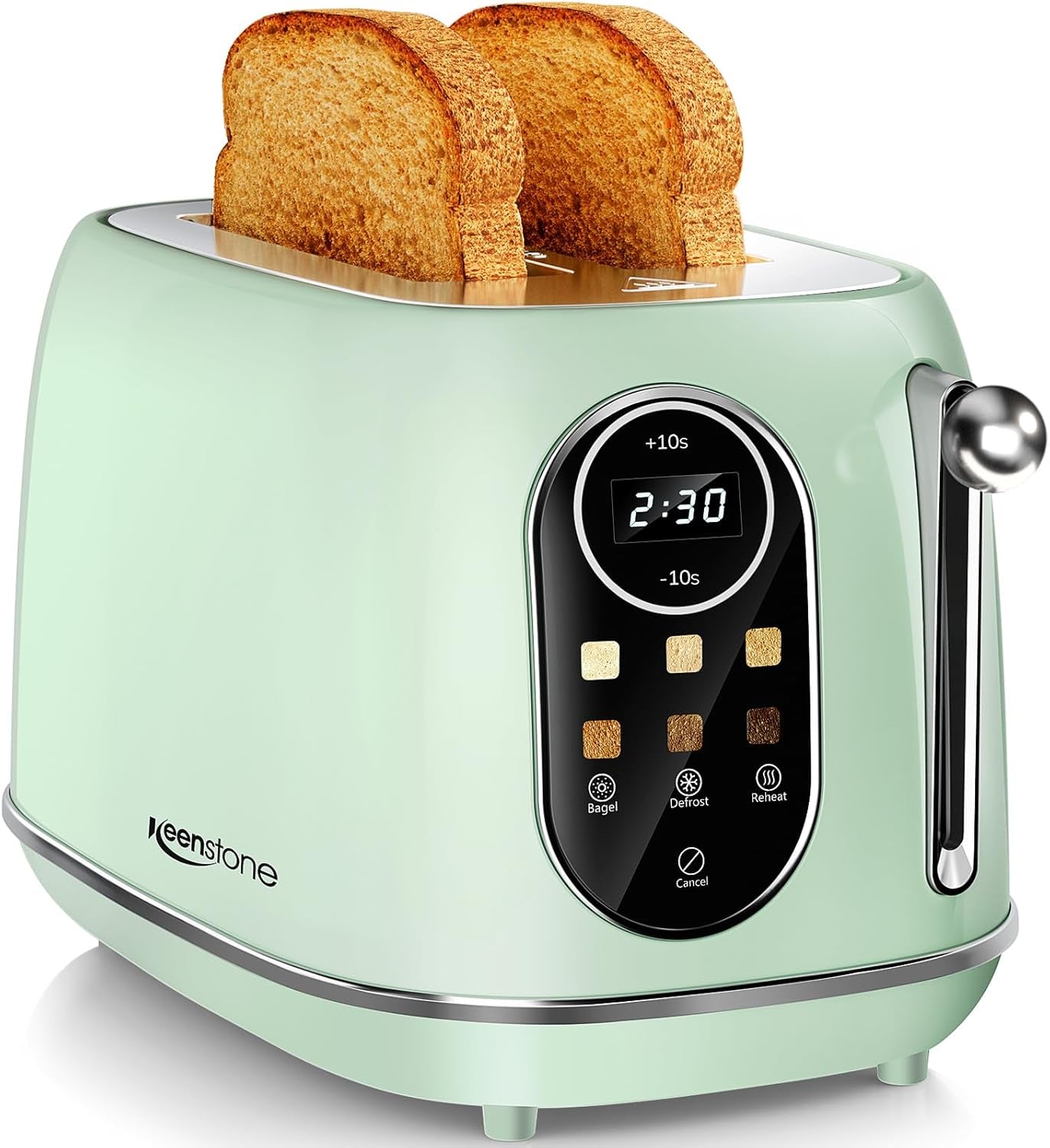 - Compact 2-Slice Toaster – Stainless Steel Housing, Bagel/Defrost/Cancel Functions & Removable Crumb Tray