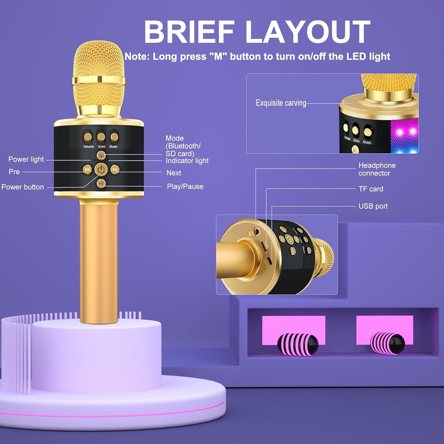 ✨ Portable Bluetooth Karaoke Microphone – Q78 Gold with Built-In Speaker, Echo Effect & LED Lights – Perfect for Parties, Gifts & On-the-Go Fun