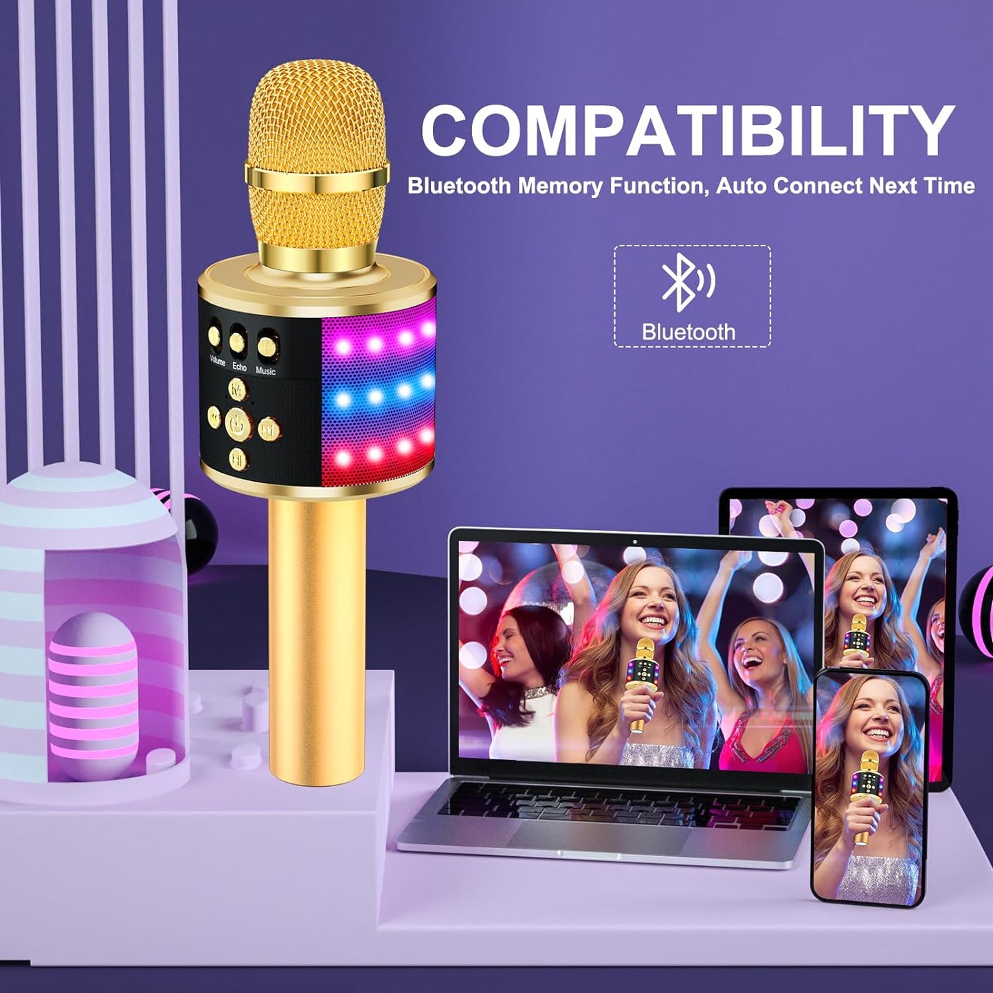 ✨ Portable Bluetooth Karaoke Microphone – Q78 Gold with Built-In Speaker, Echo Effect & LED Lights – Perfect for Parties, Gifts & On-the-Go Fun