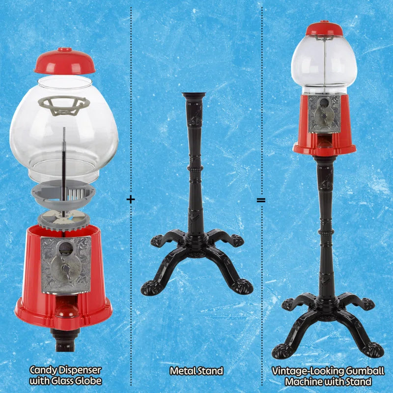 🍬 15" Vintage Bubble Gum Machine with Stand – Glass Globe Candy Dispenser & Metal Base (Red)