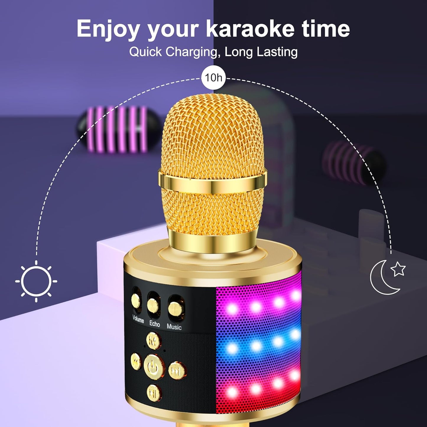 ✨ Portable Bluetooth Karaoke Microphone – Q78 Gold with Built-In Speaker, Echo Effect & LED Lights – Perfect for Parties, Gifts & On-the-Go Fun