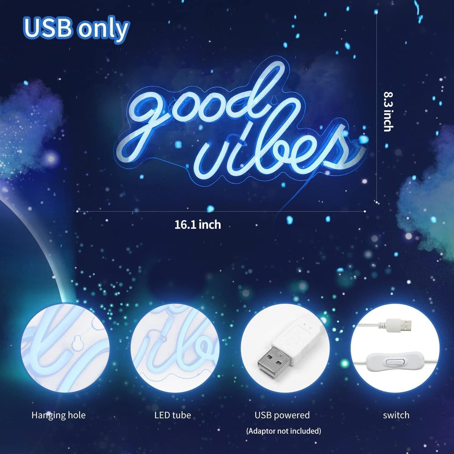 💡 “Good Vibes” Neon Sign – USB-Powered Ice Blue Wall Light for Bedroom & Dorm Decor (16.1" x 8.3")