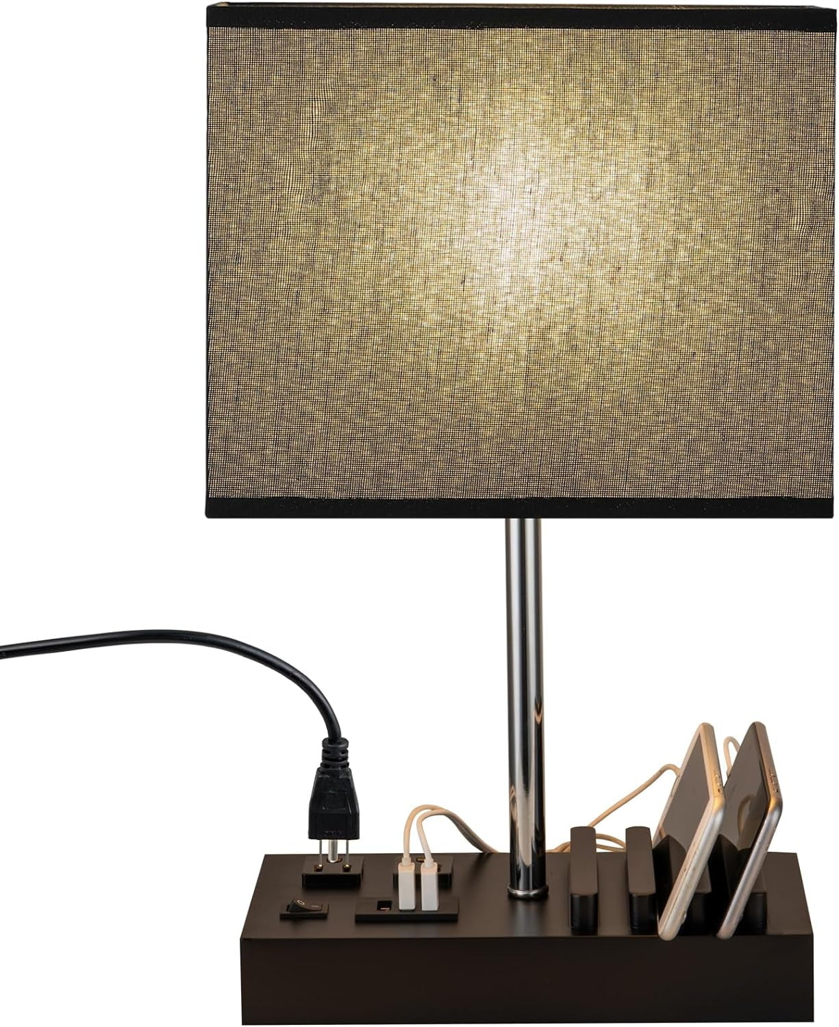 Modern Desk Lamp with USB Charging & AC Outlets – Nightstand Light with Black Shade and Wooden Phone Holder