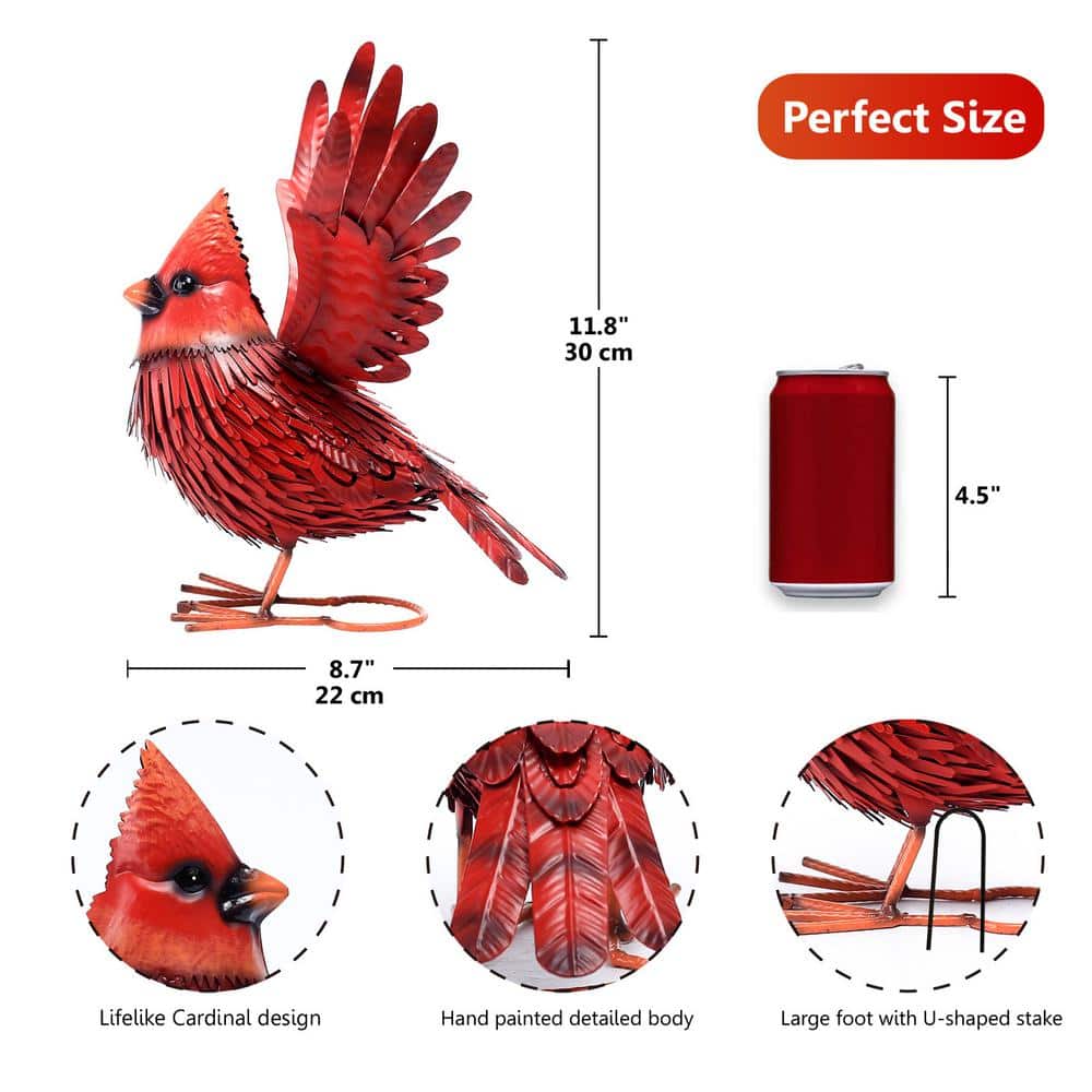 Metal Bird Yard Art- Large Red Bird Outdoor Fall Decoration- Unique Realistic Design Gift Idea