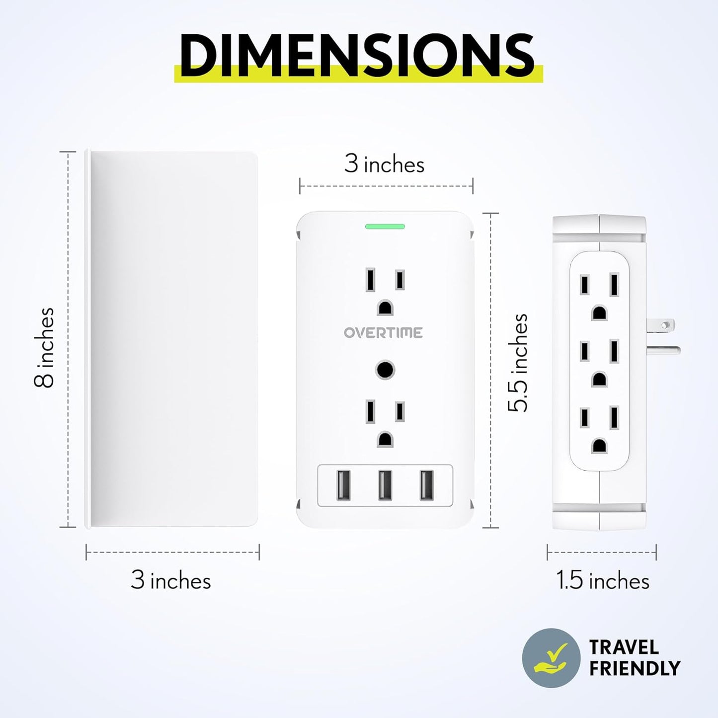 Outlet Extender with Detachable Shelf – 8 AC Ports, 3 USB, Surge Protection & Space-Saving Design