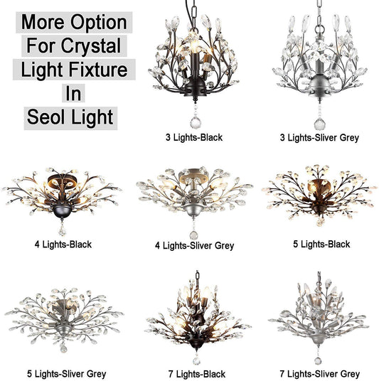 Vintage Crystal Branch Ceiling Light – Assorted Flush Mount Styles with 4-Light Design, Black Finish & Elegant E12 Bulbs for Bedroom, Kitchen & Living Room