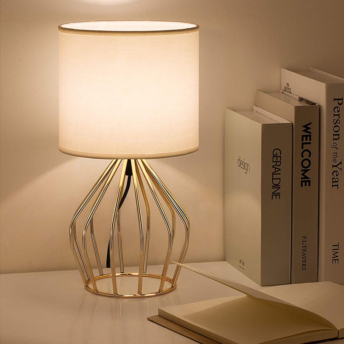 ✨ Gold Table Lamp – Modern Desk Lamp with Linen Shade & Open Base for Bedroom or Living Room