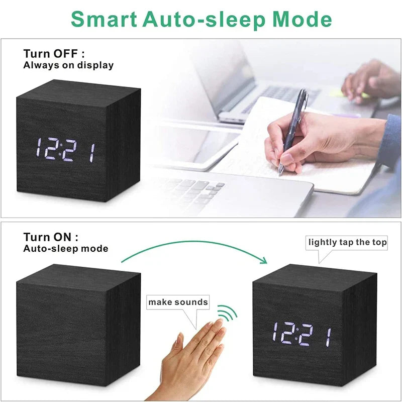 Mini Wooden LED Alarm Clock – 3 Alarm Settings, Temperature Display, Small 2.5-Inch Cubic Design