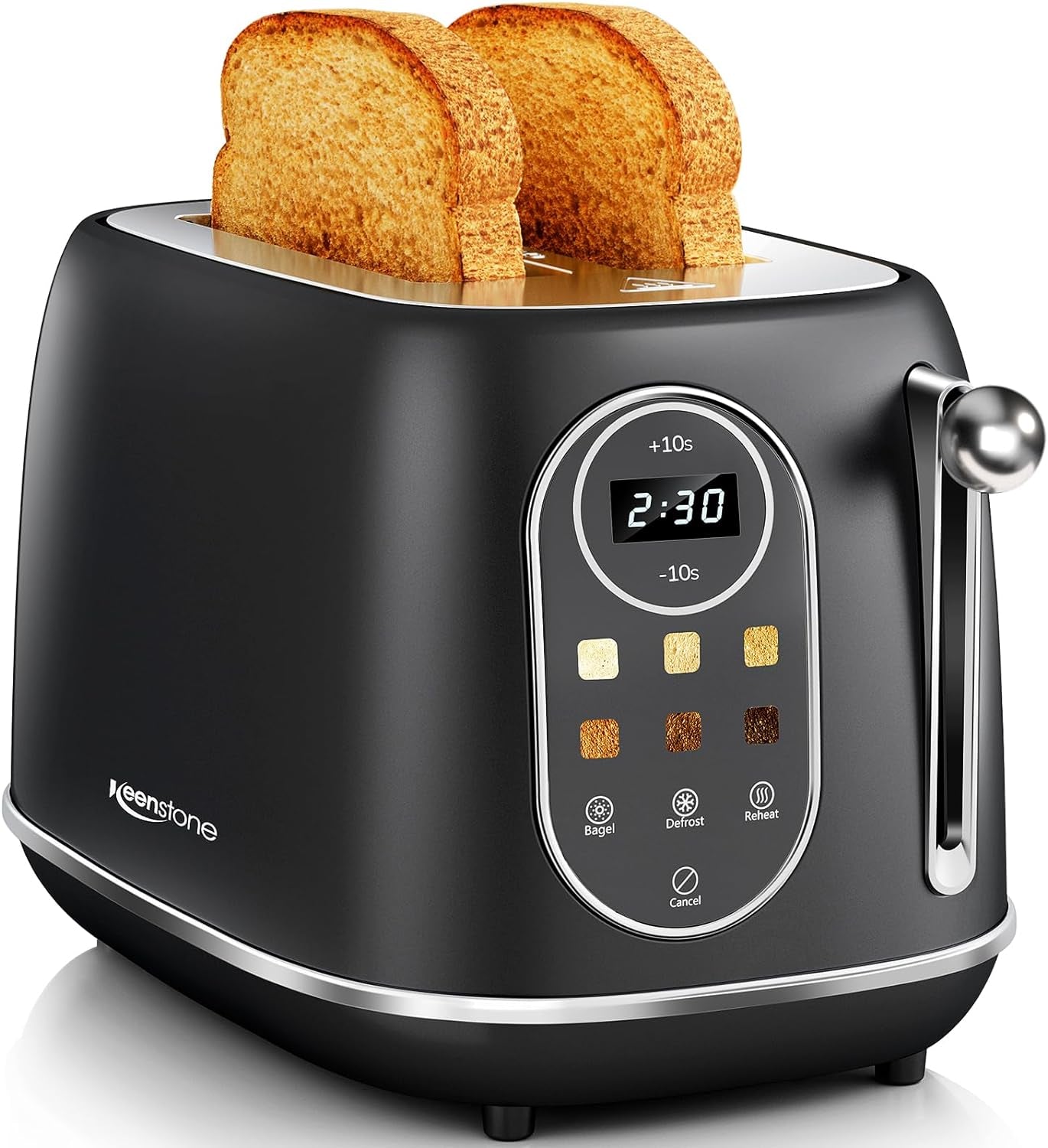 - Compact 2-Slice Toaster – Stainless Steel Housing, Bagel/Defrost/Cancel Functions & Removable Crumb Tray 