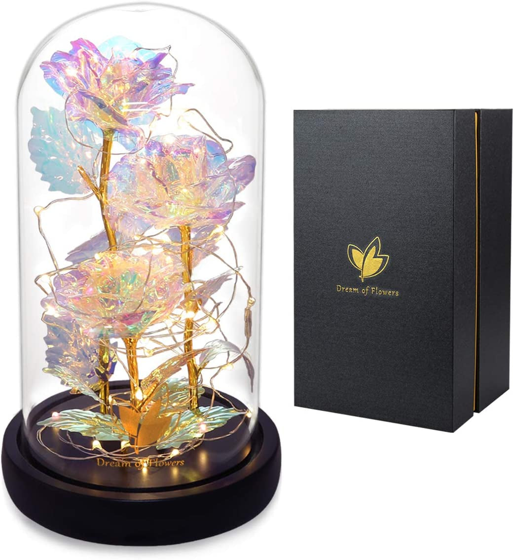 🌹 Galaxy Rose in Glass Dome – Light-Up Rainbow Flower Gift for Her, Birthday & Valentine’s Day