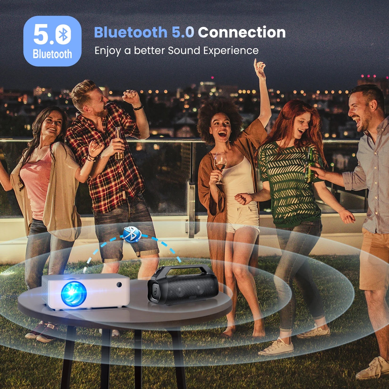 - Wireless Bluetooth Projector 1080P – Portable Full HD Video Player for Indoor & Outdoor Use with Tripod