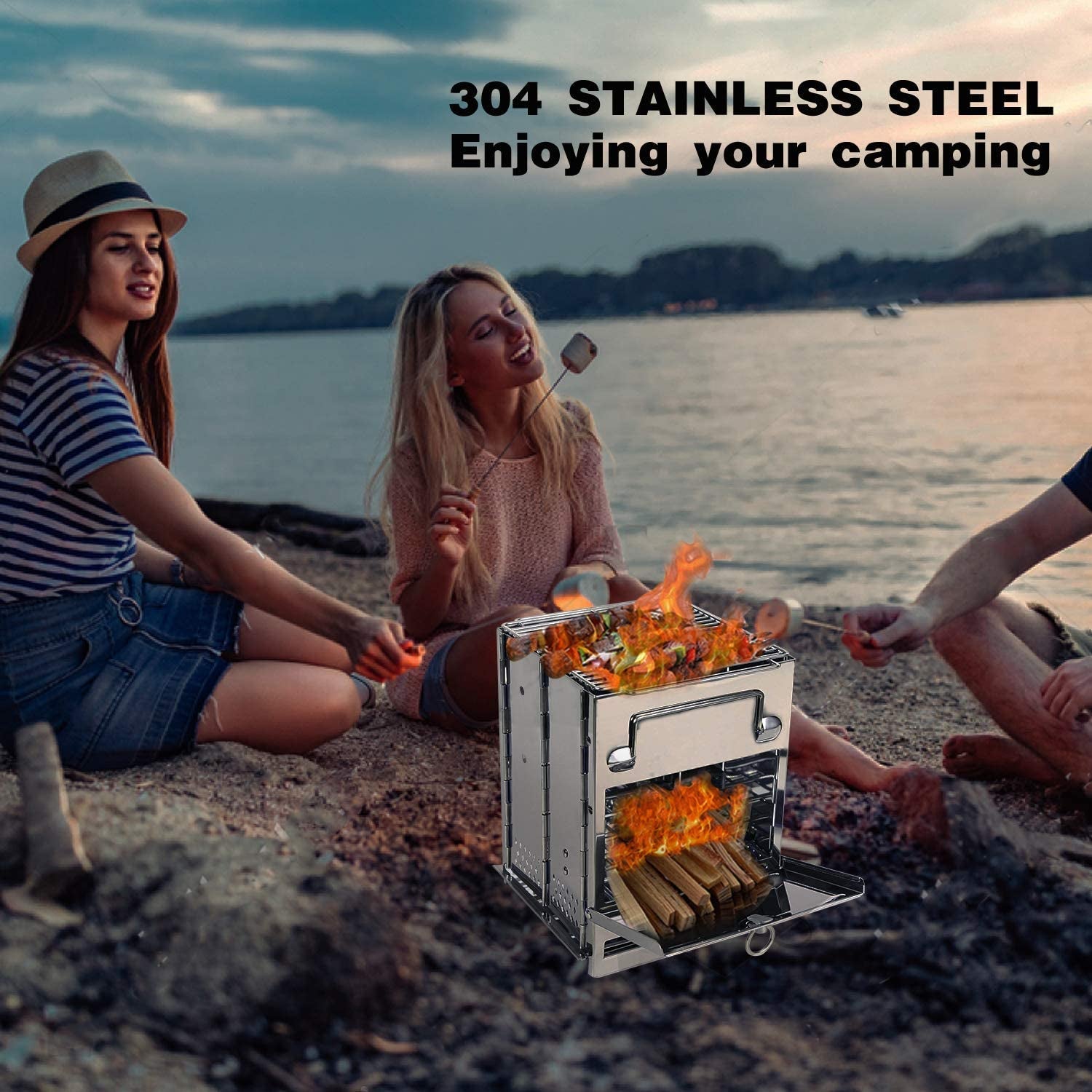 Large Folding Wood Burning Stove – Portable Stainless Steel Rocket Grill for Tent Camping, Picnic, Hiking & Survival Gear