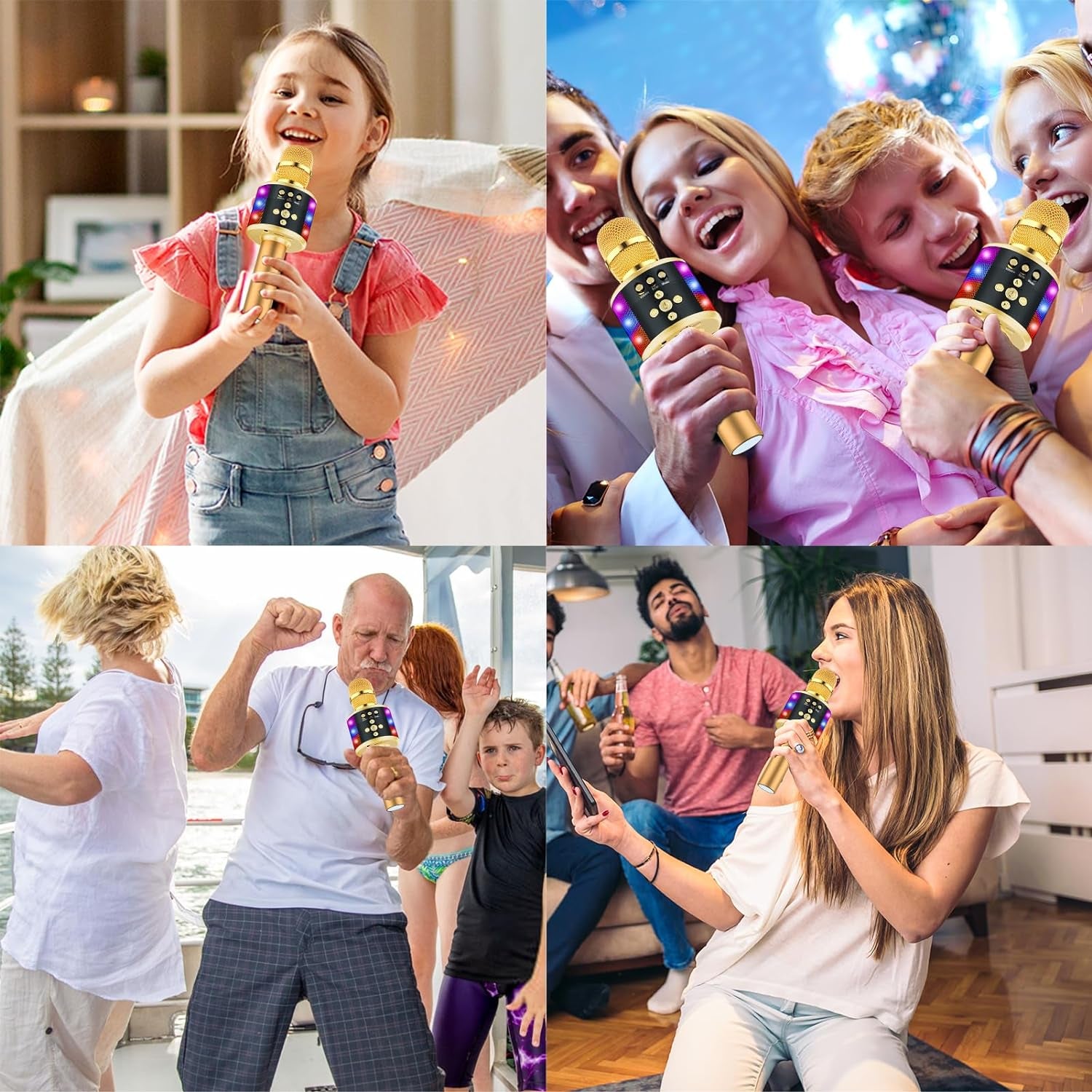 ✨ Portable Bluetooth Karaoke Microphone – Q78 Gold with Built-In Speaker, Echo Effect & LED Lights – Perfect for Parties, Gifts & On-the-Go Fun