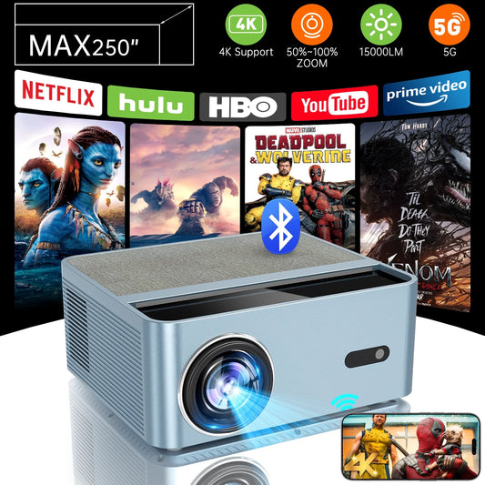 - Native 1080P Full HD Projector with 4K Support – 15,000 Lumens, WiFi & Bluetooth, 250” Display, Auto Focus & Zoom