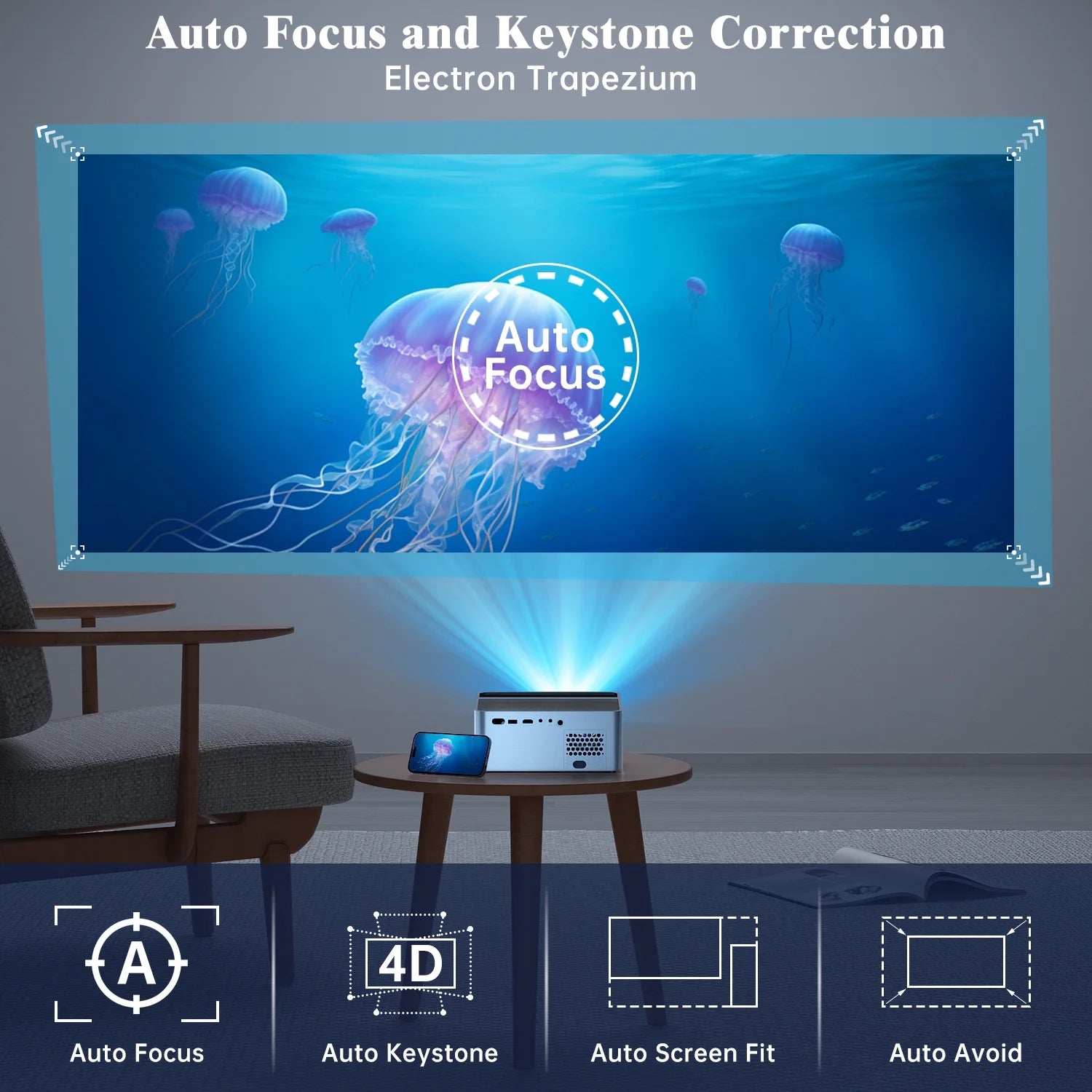 - Native 1080P Full HD Projector with 4K Support – 15,000 Lumens, WiFi & Bluetooth, 250” Display, Auto Focus & Zoom