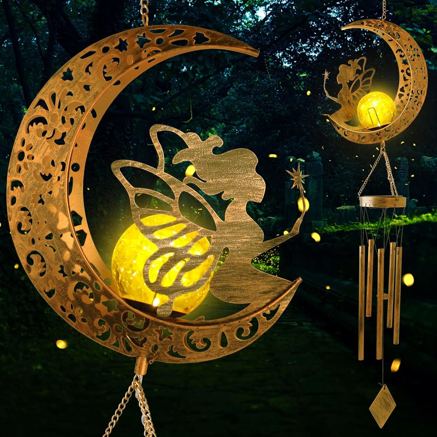 Celestial Garden Wind Chimes – Multi-Design Solar Lights with Crackle Glass Balls for Outdoor Spaces  Magical Gift for Women & Garden Lovers