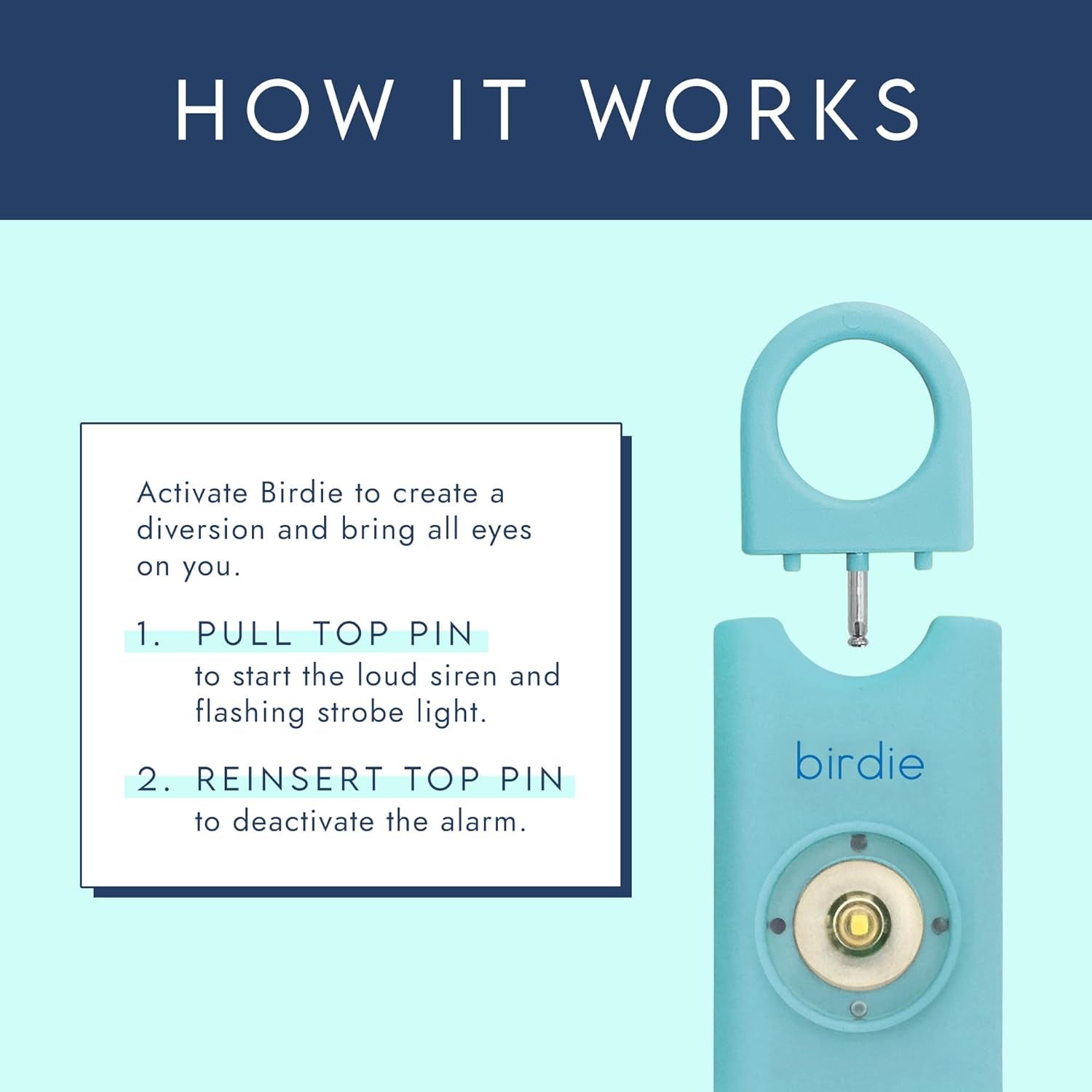 She’s Birdie – Aqua Personal Safety Alarm with Siren, Strobe Light & Keychain  Designed by Women, for Women