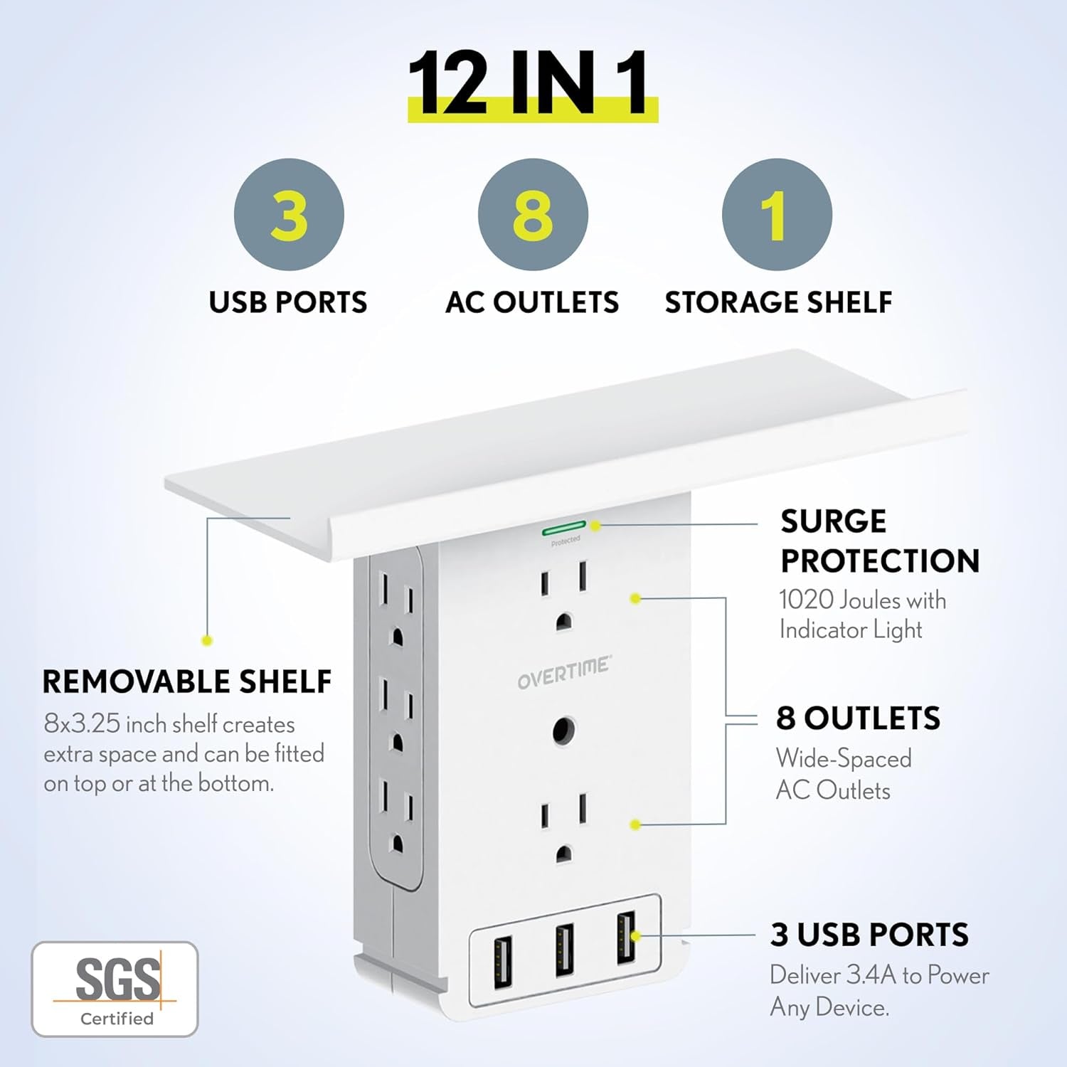 Outlet Extender with Detachable Shelf – 8 AC Ports, 3 USB, Surge Protection & Space-Saving Design