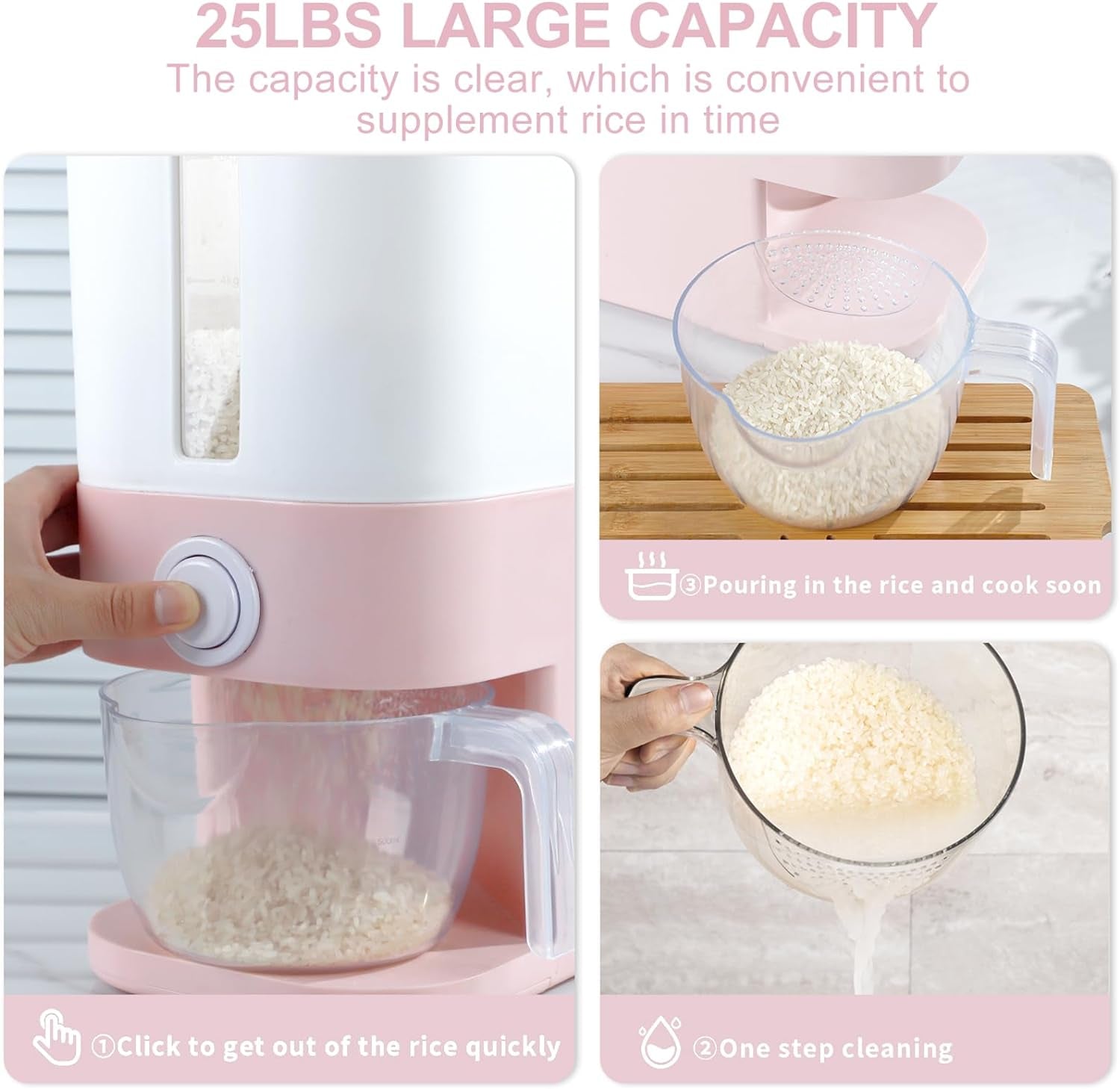 Household Grain Storage Bin – 22.5–25 lb Rice Holder with Measuring Cup, Multi-Color Options for Kitchen & Pantry Use