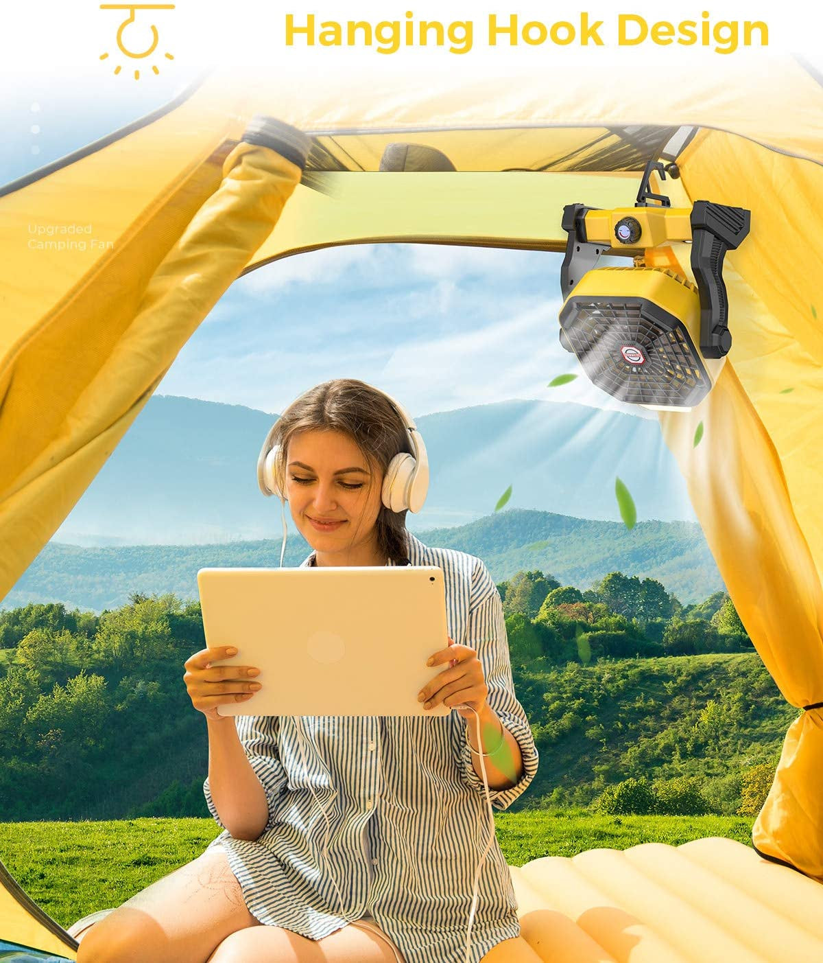 Portable Camping Fan with LED Light – Rechargeable, Quiet & Long-Lasting (36H, 9-Inch)