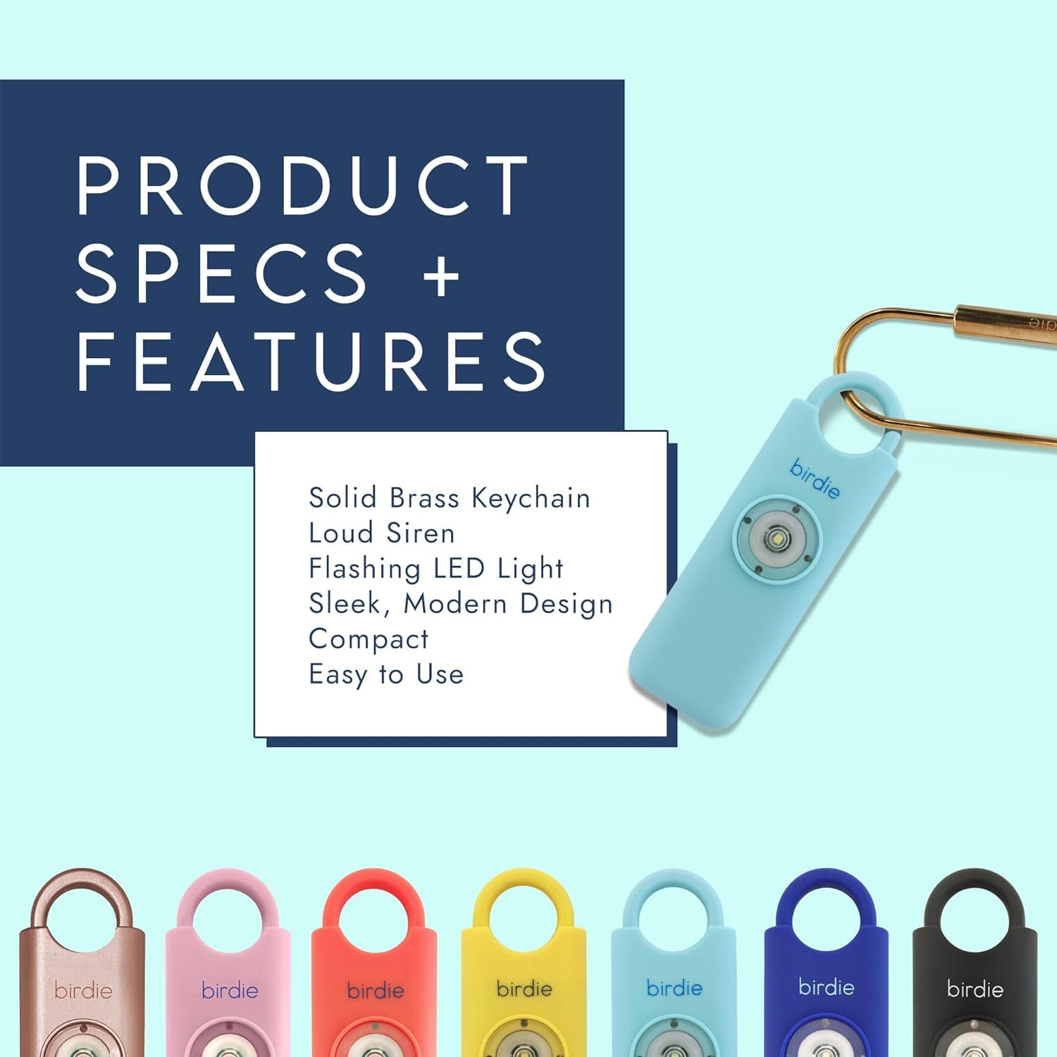 She’s Birdie – Aqua Personal Safety Alarm with Siren, Strobe Light & Keychain  Designed by Women, for Women