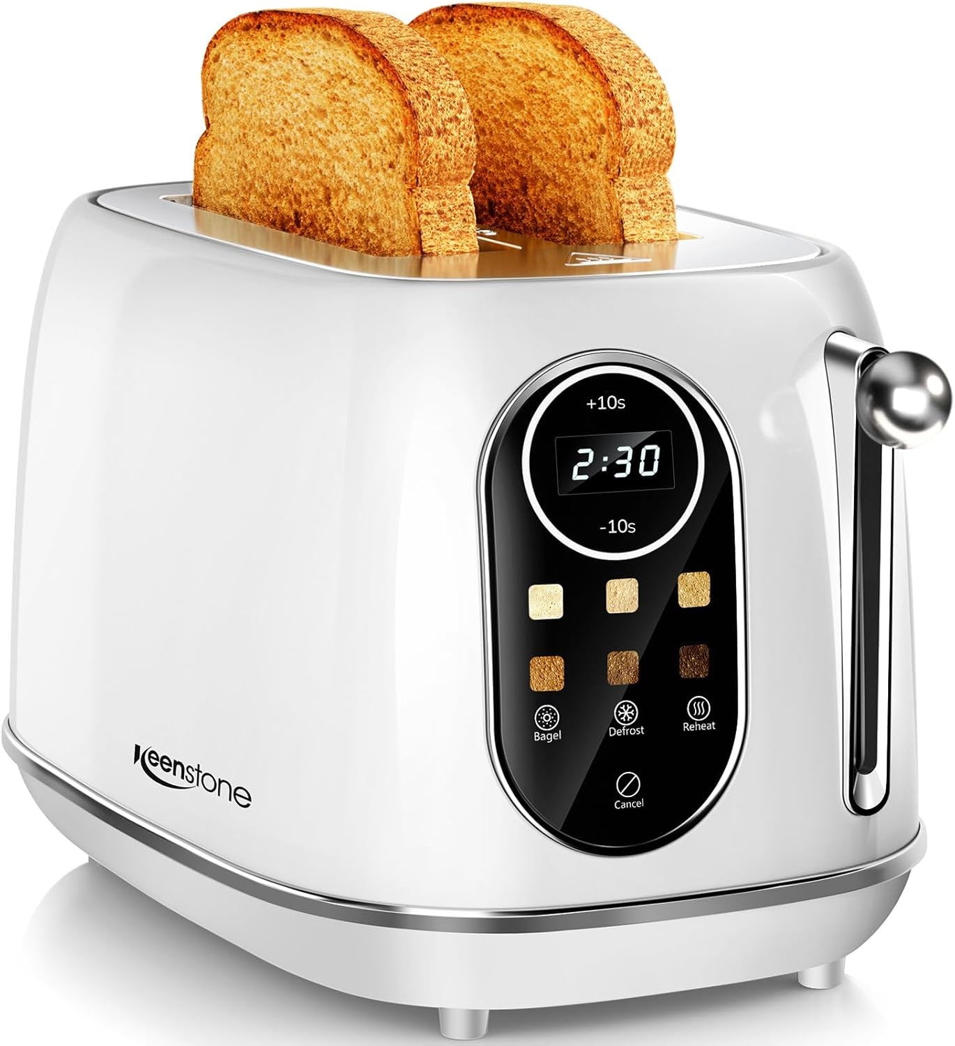 - Compact 2-Slice Toaster – Stainless Steel Housing, Bagel/Defrost/Cancel Functions & Removable Crumb Tray 