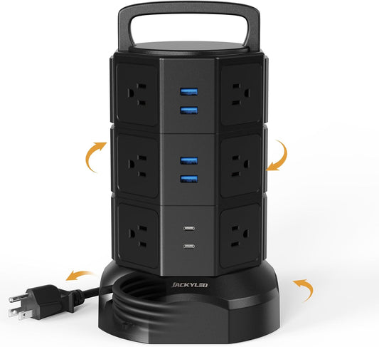 Power Tower –Multiple Outlets, Multiple USB Ports, Surge Protection & Long Cord for Home or Office