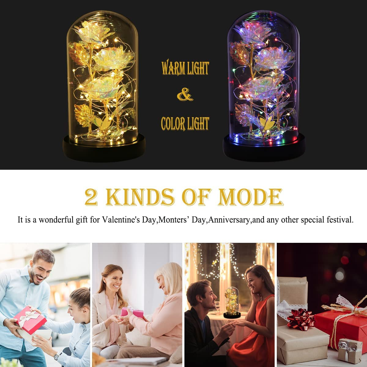 🌹 Galaxy Rose in Glass Dome – Light-Up Rainbow Flower Gift for Her, Birthday & Valentine’s Day