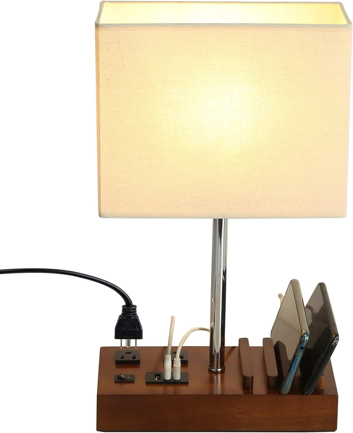 Modern Desk Lamp with USB Charging & AC Outlets – Nightstand Light with Black Shade and Wooden Phone Holder