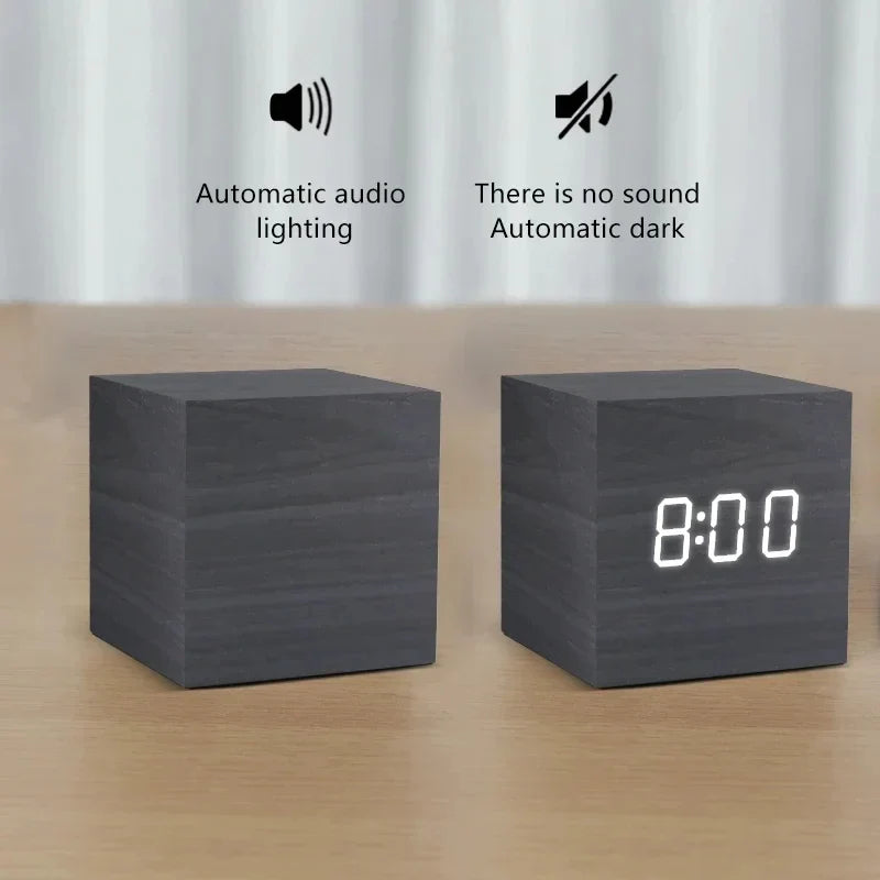 Mini Wooden LED Alarm Clock – 3 Alarm Settings, Temperature Display, Small 2.5-Inch Cubic Design