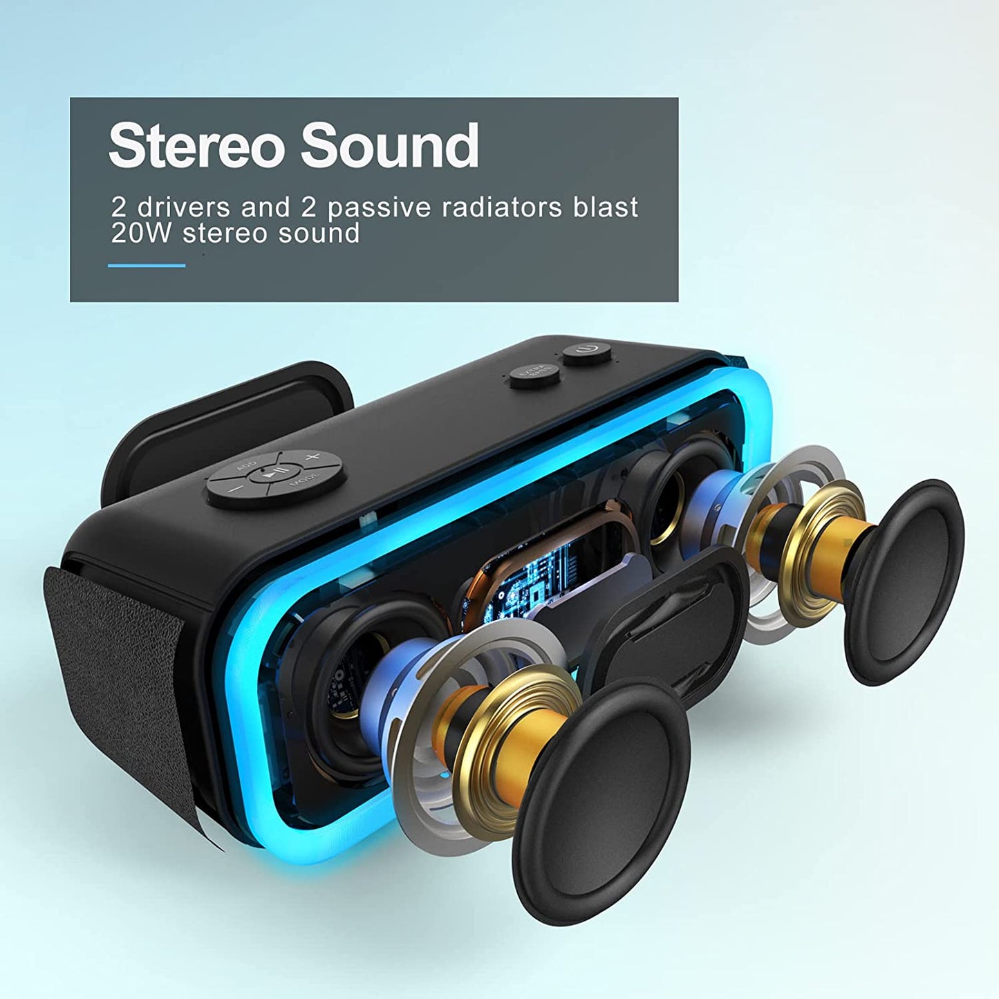 Soundbox Pro Bluetooth Speaker - 20W Stereo Sound, Enhanced Bass, IPX6 Waterproof, TWS Pairing, Multi-Color Lights, 20 Hours Playtime, Portable for Outdoor Use - Blue