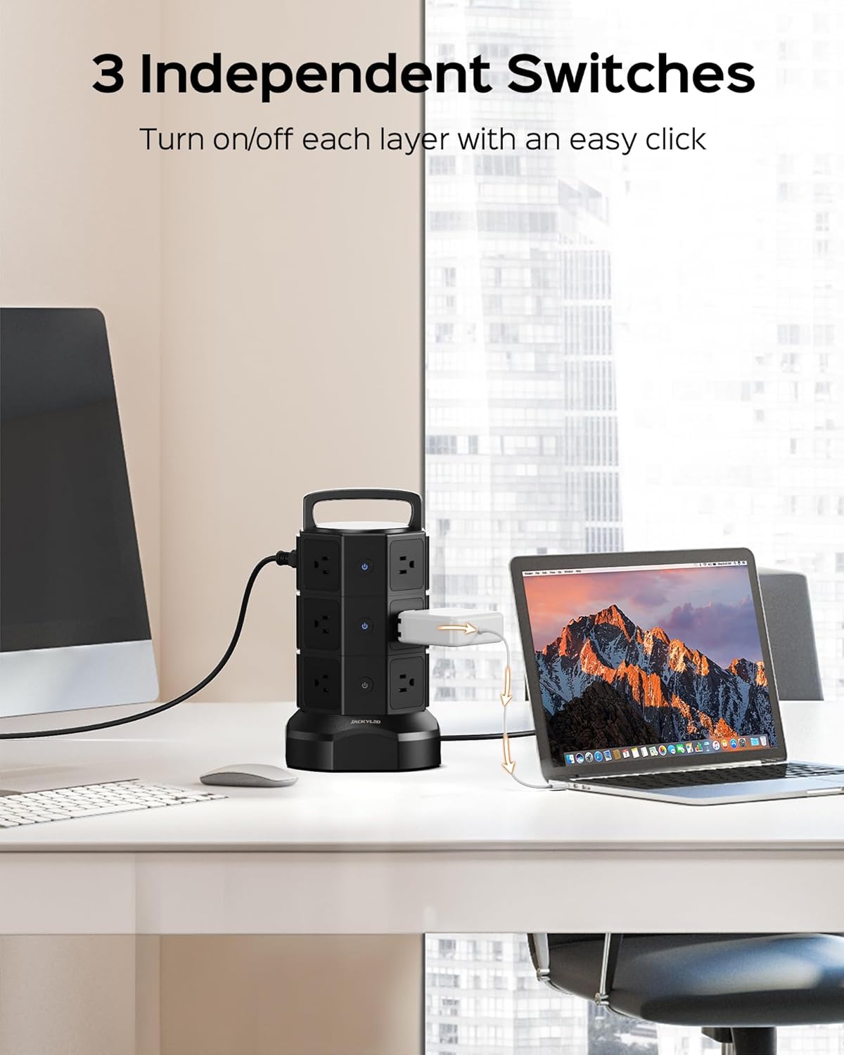 Power Tower –Multiple Outlets, Multiple USB Ports, Surge Protection & Long Cord for Home or Office