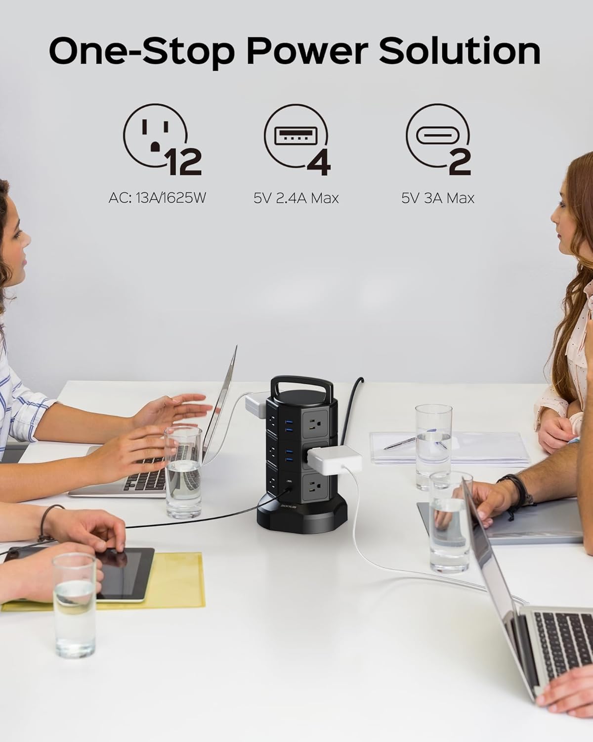 Power Tower –Multiple Outlets, Multiple USB Ports, Surge Protection & Long Cord for Home or Office