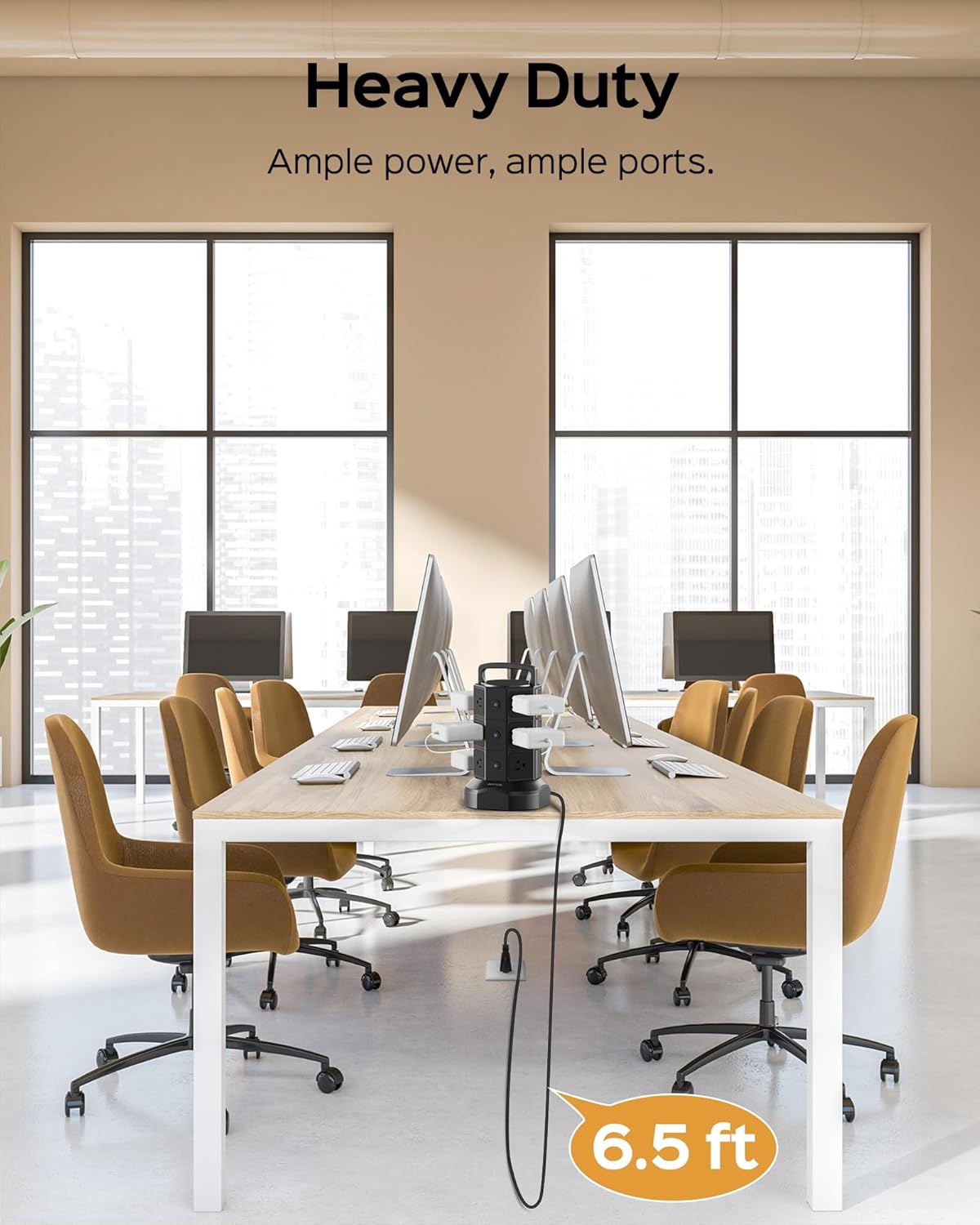 Power Tower –Multiple Outlets, Multiple USB Ports, Surge Protection & Long Cord for Home or Office