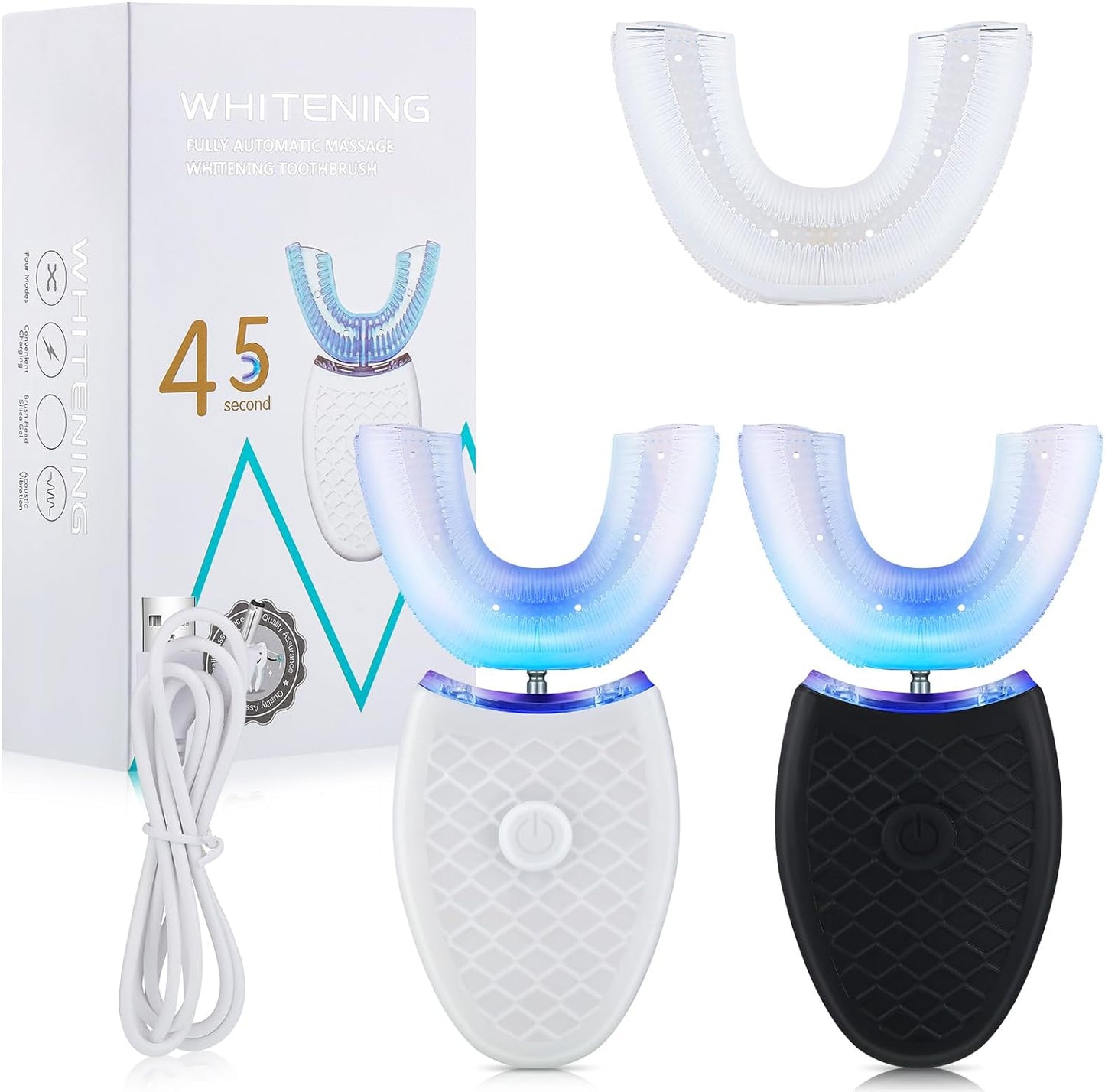 2-Pack Ultrasonic U-Shaped Electric Toothbrushes for Adults – 3 Brush Heads, 360° Cleaning, Rechargeable, Waterproof (No Base)