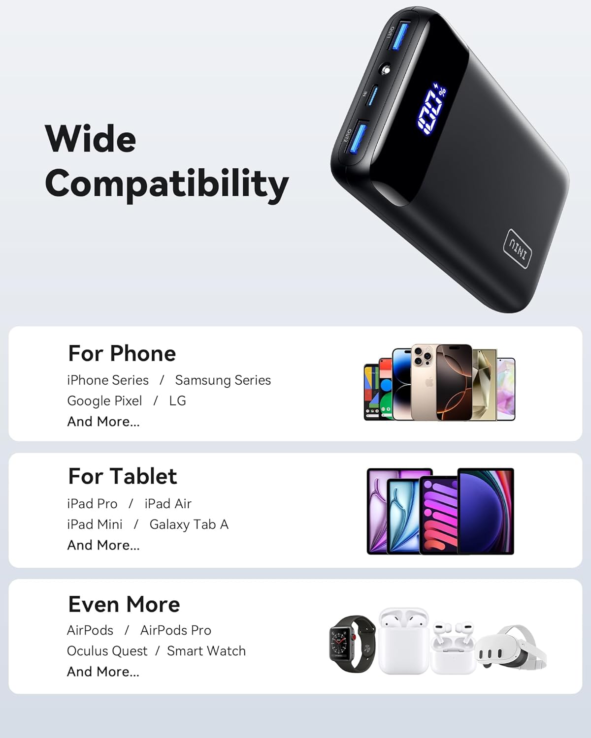 Portable USB-C Power Banks in Regular & Mini Sizes, 22.5W Fast Charging, LED Display, PD+QC Compatible with iPhone, Samsung, Google & More