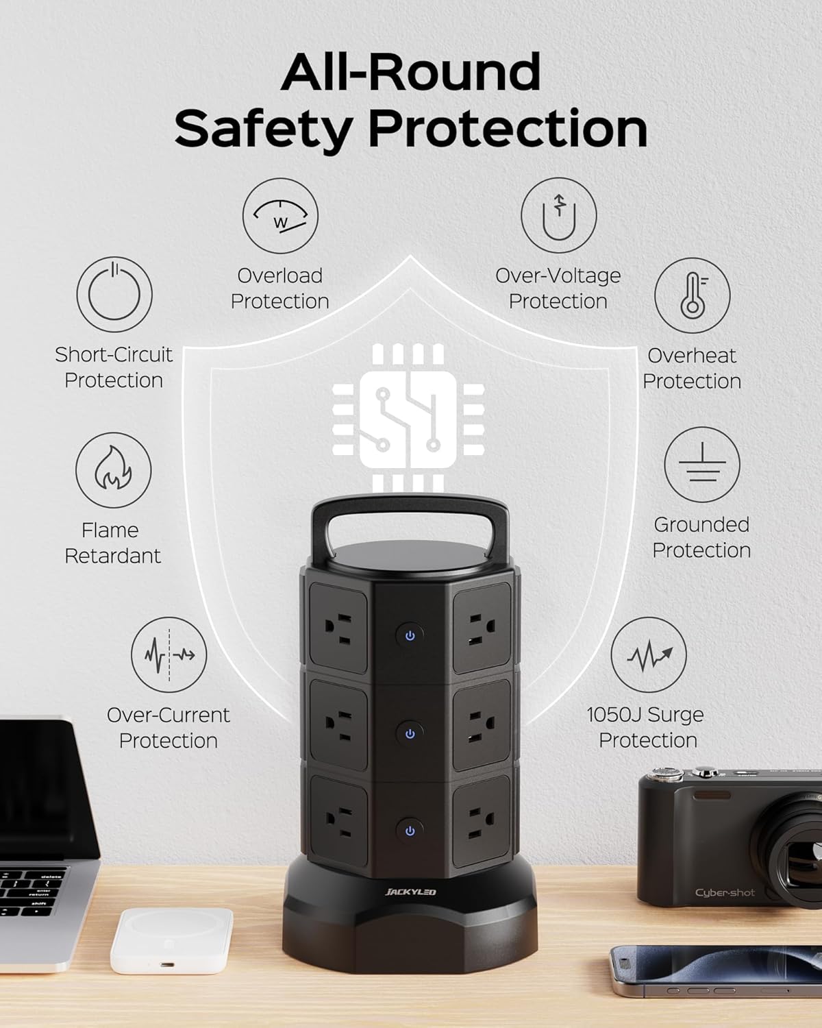 Power Tower –Multiple Outlets, Multiple USB Ports, Surge Protection & Long Cord for Home or Office
