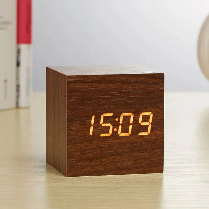 Mini Wooden LED Alarm Clock – 3 Alarm Settings, Temperature Display, Small 2.5-Inch Cubic Design