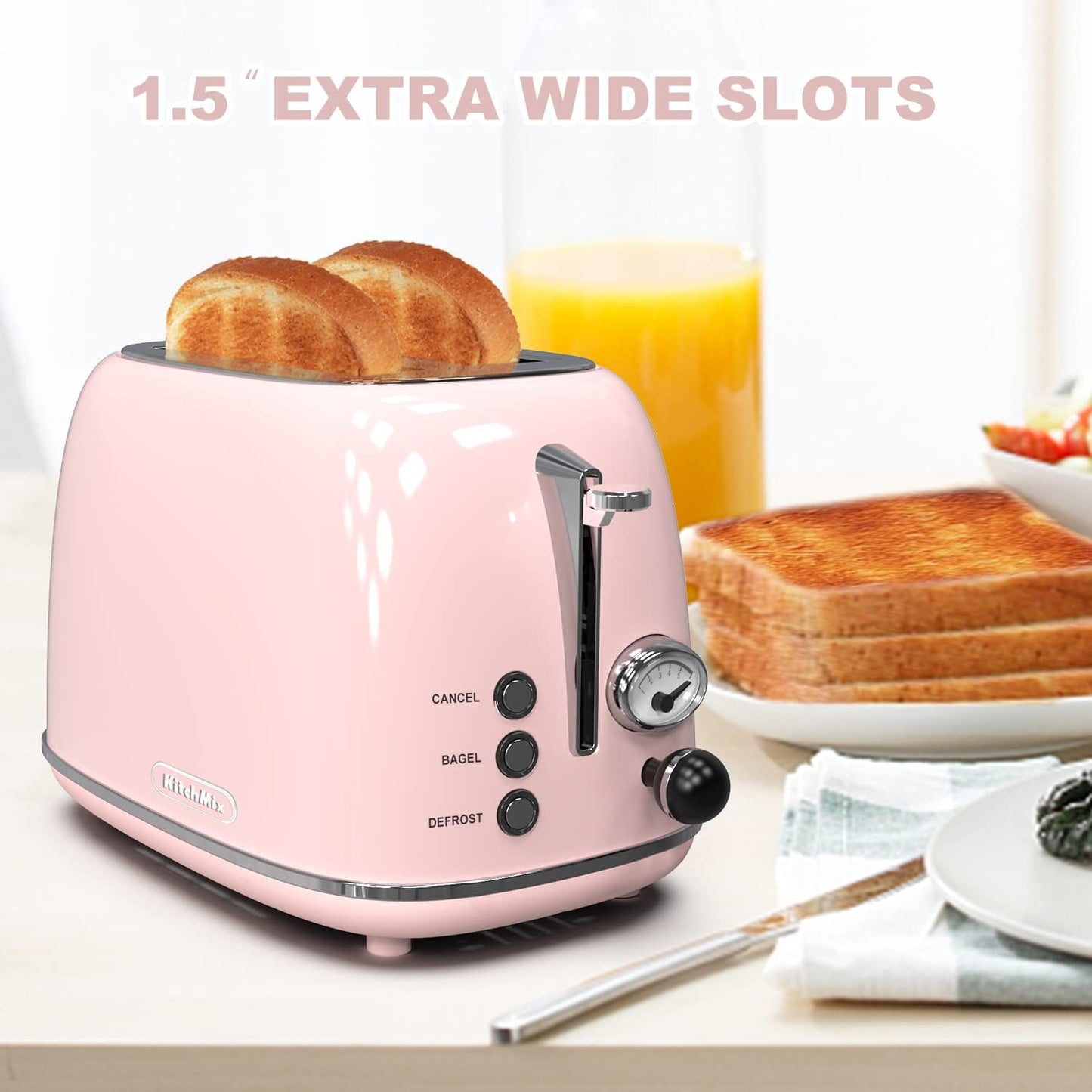 Retro Toaster – 2-Slice Stainless Steel with Wide Slots & Mood Settings