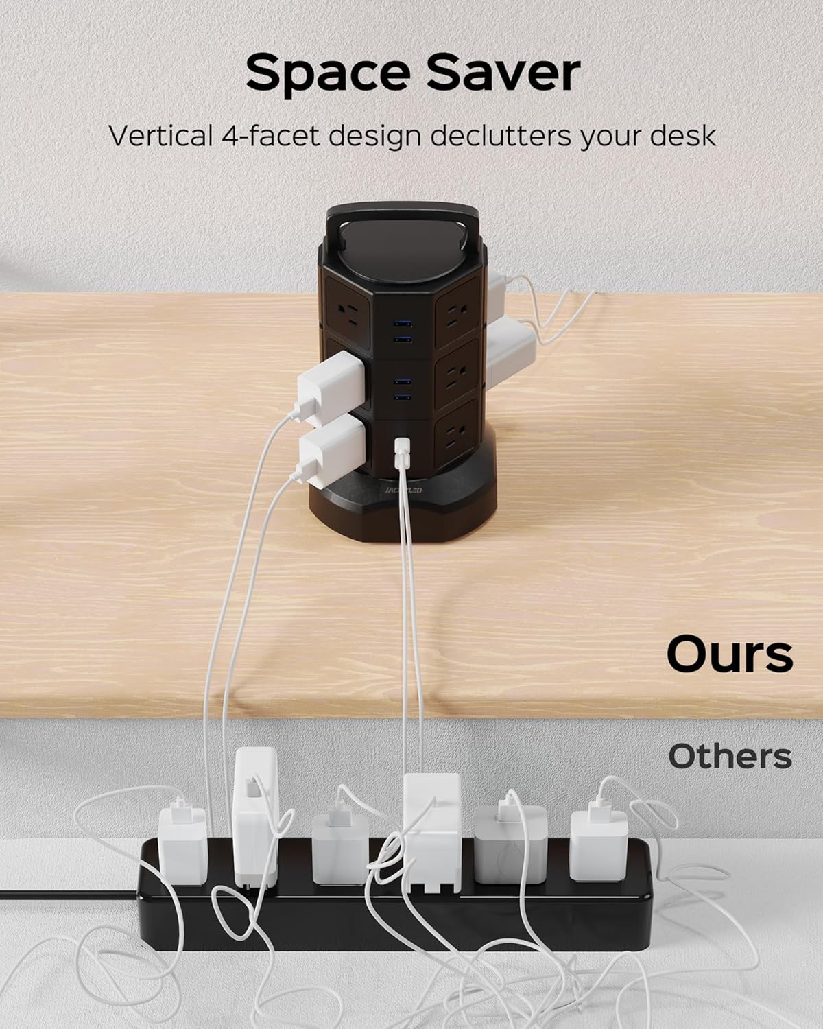 Power Tower –Multiple Outlets, Multiple USB Ports, Surge Protection & Long Cord for Home or Office